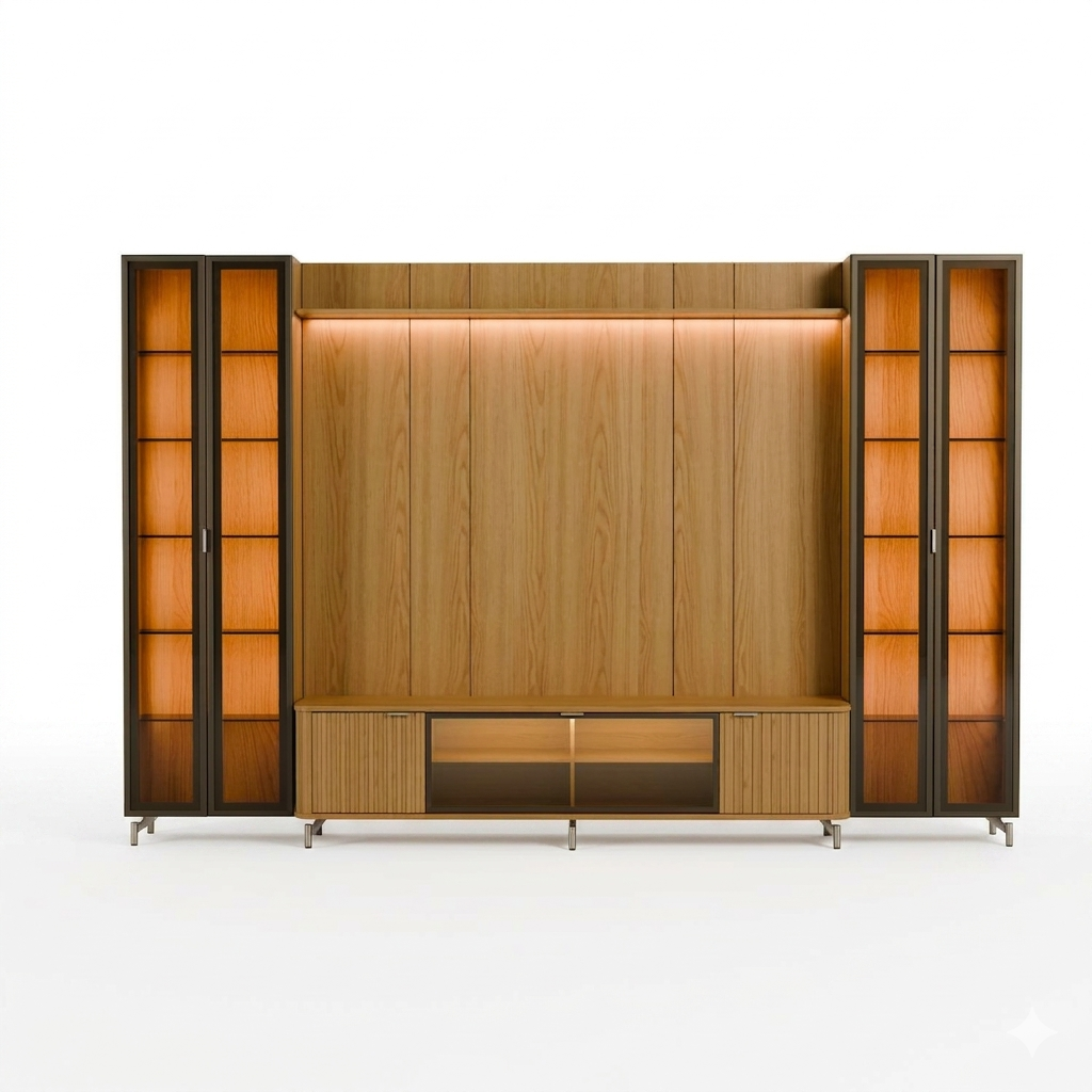Rack 1.7 + Panel 1.8 Neon Float Led + 2 Vitrinas 2 Puertas Carvalho 2