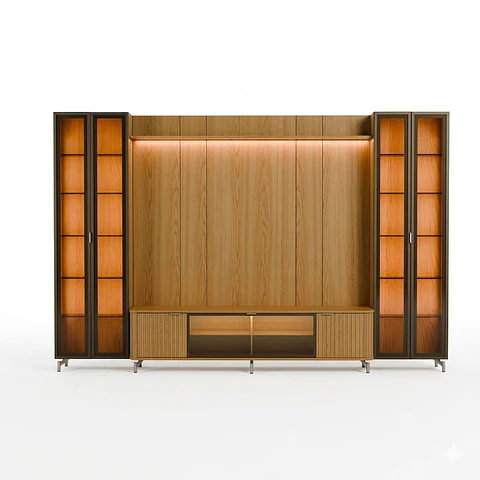 Rack 1.7 + Panel 1.8 Neon Float Led + 2 Vitrinas 2 Puertas Carvalho