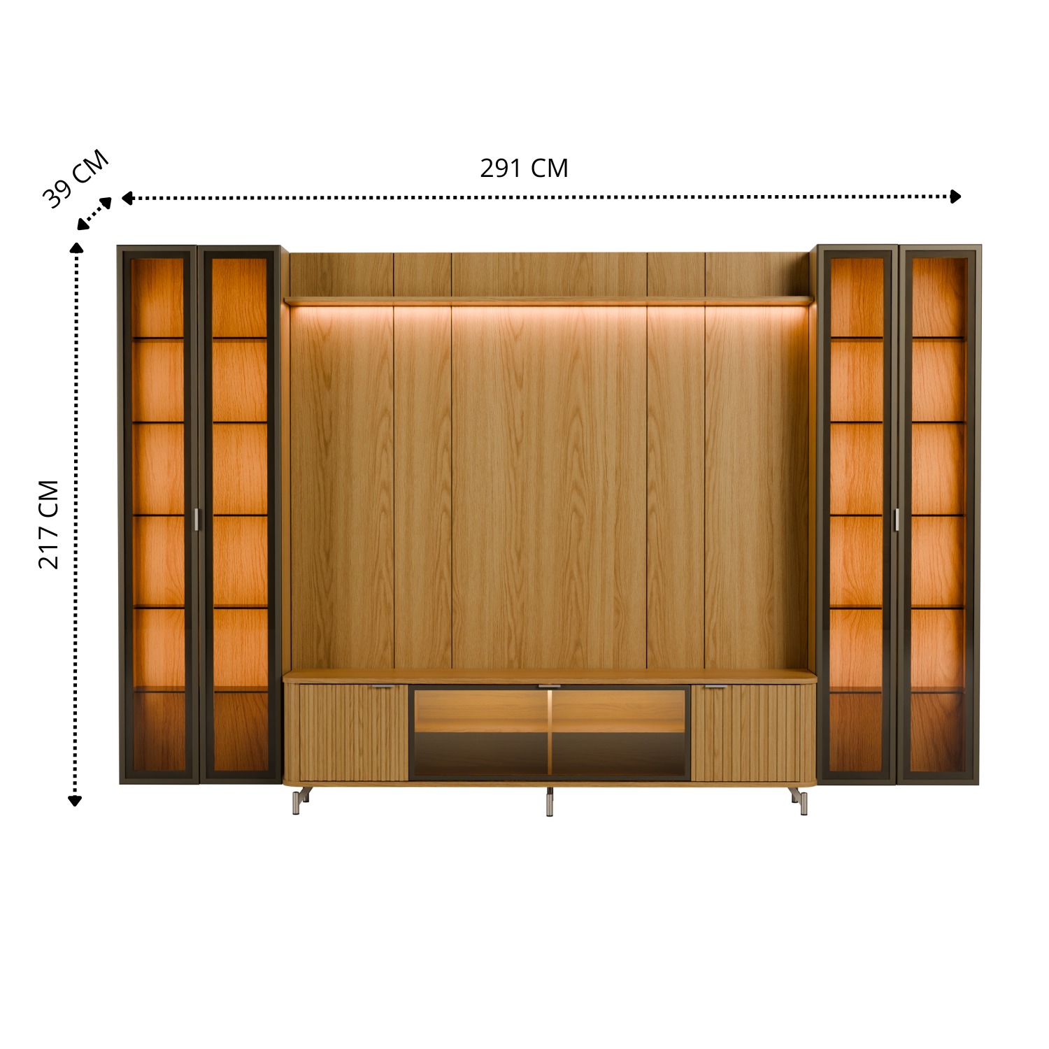 Rack 1.7 + Panel 1.8 Neon Float Led + 2 Vitrinas 2 Puertas Carvalho 3