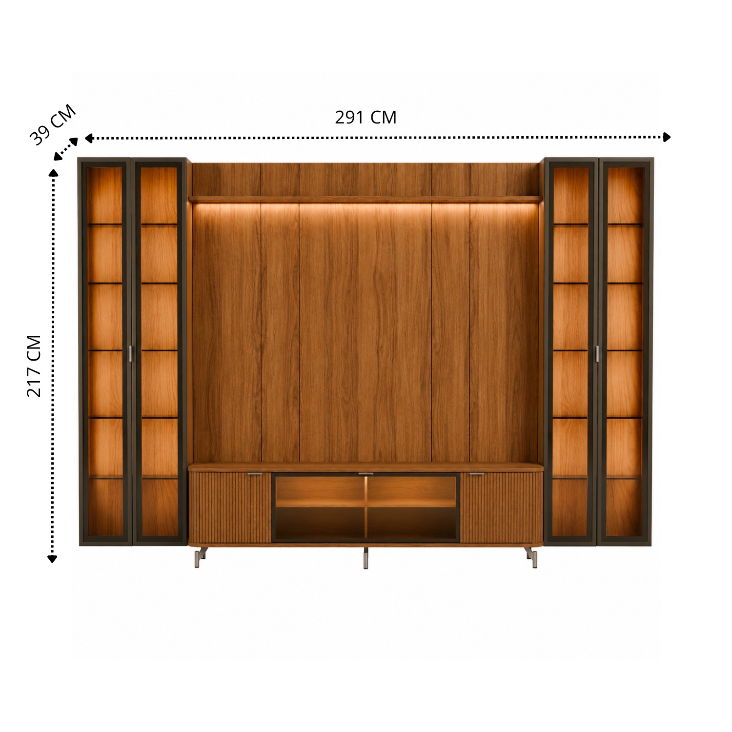 Rack 1.7 + Panel 1.8 Neon Float Led + 2 Vitrinas 2 Puertas Canela 3