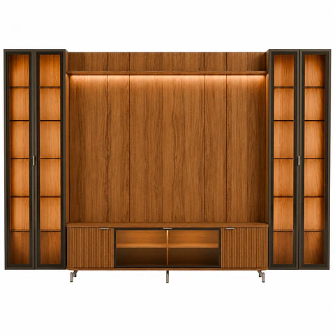 Rack 1.7 + Panel 1.8 Neon Float Led + 2 Vitrinas 2 Puertas Canela