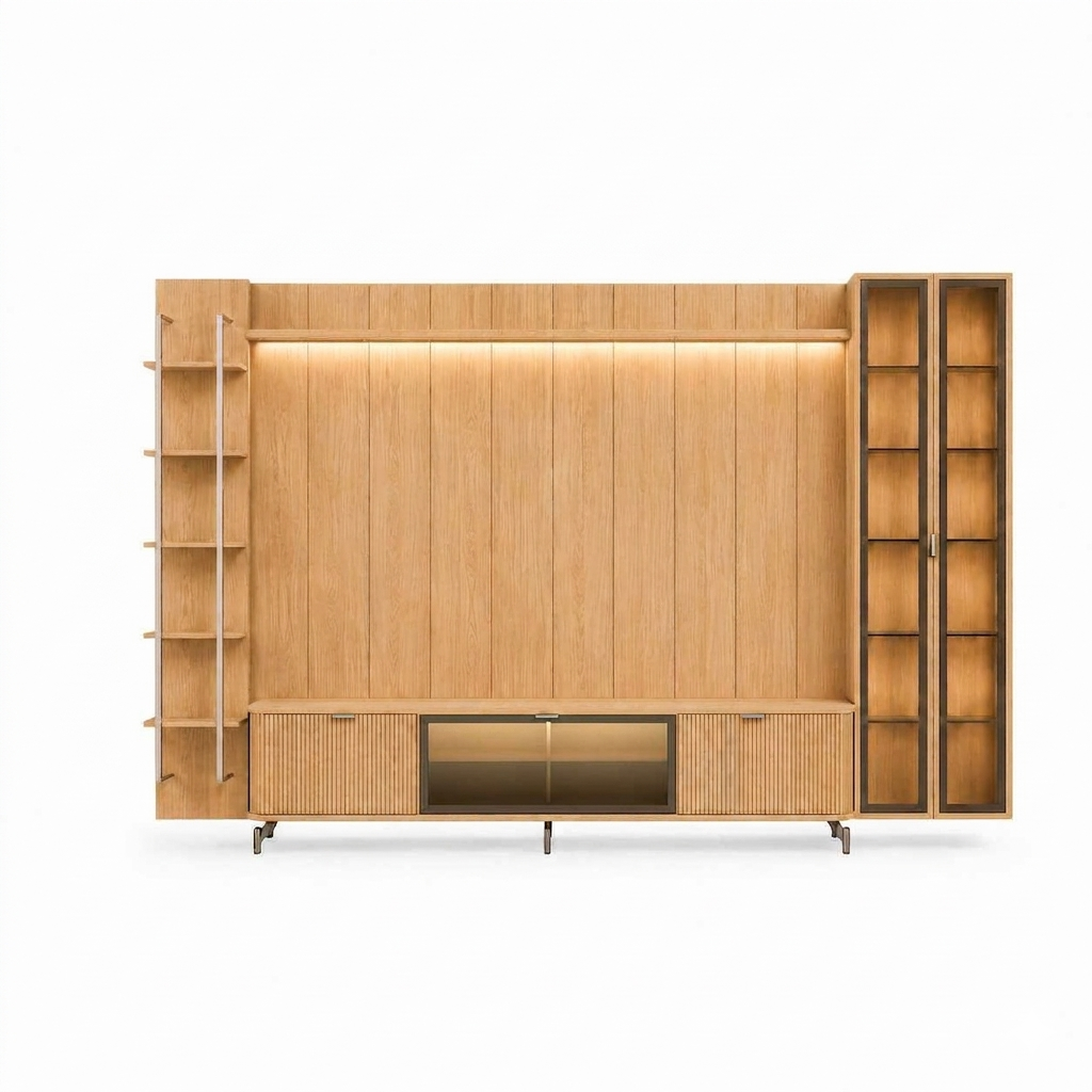 Rack 1.7 + Panel 1.8 Neon float Led + vitrina 2 Puertas + Repisas carvalho 2