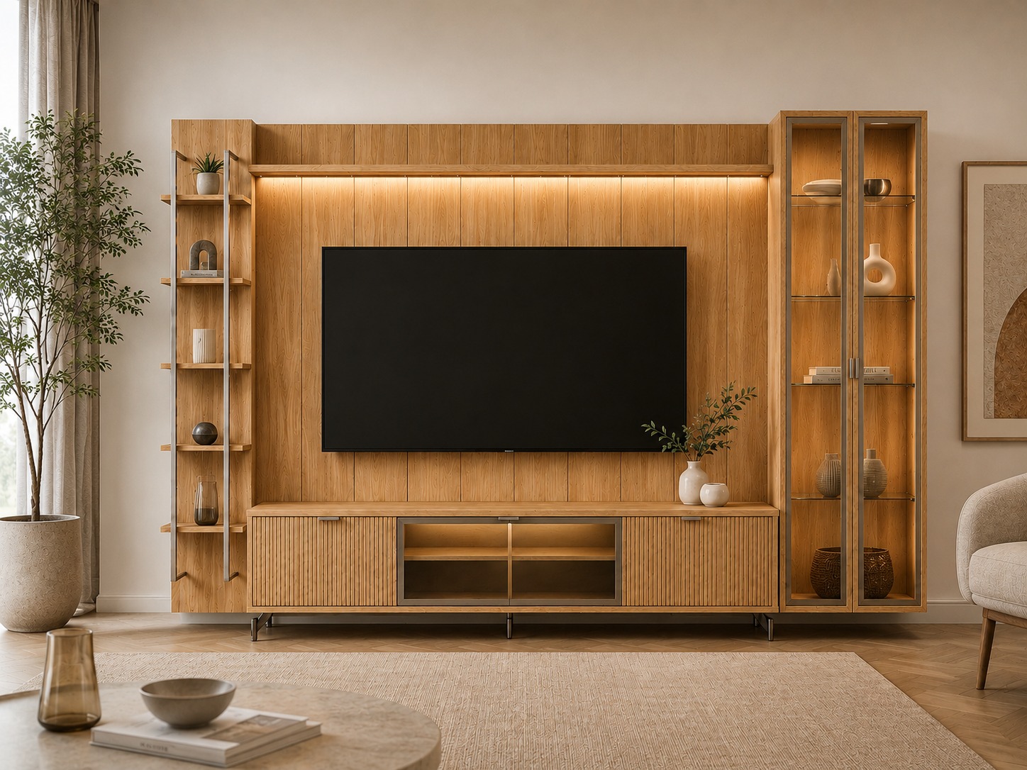 Rack 1.7 + Panel 1.8 Neon float Led + vitrina 2 Puertas + Repisas carvalho 1