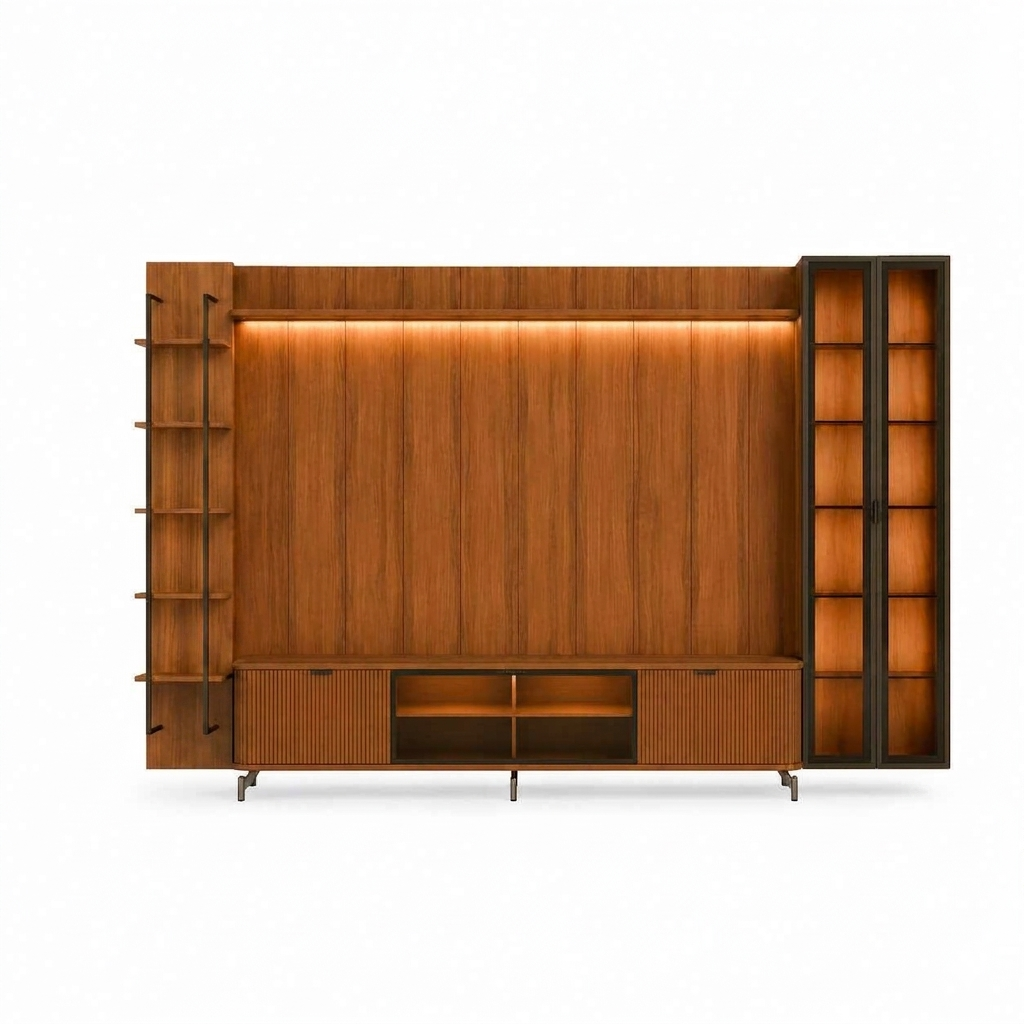 Rack 1.7 + Panel 1.8 Neon Float Led + Vitrina 2 Puertas + Repisa canela 2