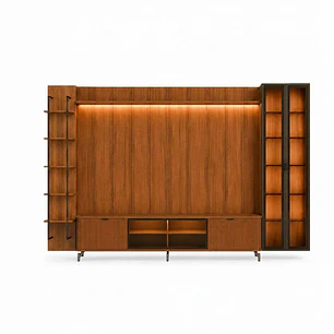 Rack 1.7 + Panel 1.8 Neon Float Led + Vitrina 2 Puertas + Repisa canela