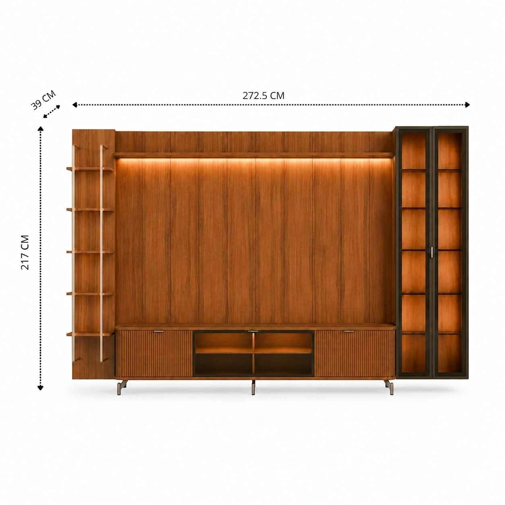 Rack 1.7 + Panel 1.8 Neon Float Led + Vitrina 2 Puertas + Repisa canela 3