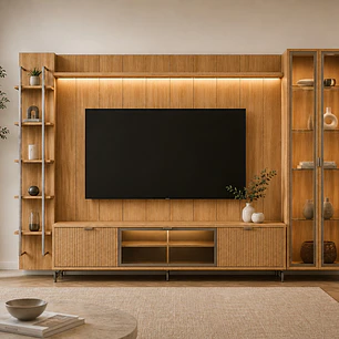 Rack 2.1 + Panel 2.2 Neon Float Led + Vitrina 2 Puertas + Repisas Carvalho