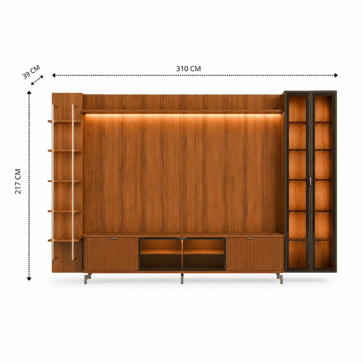 Rack 2.1 + Panel 2.2 Neon Float Led + vitrina 2 Puertas + Repisas Canela 3