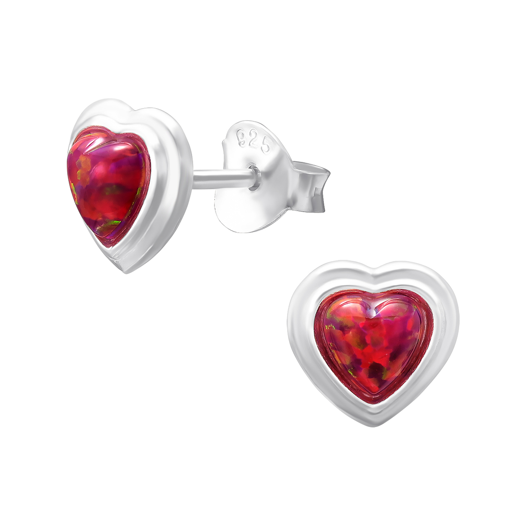 Aros de Plata 925 Diseño Corazón Rojo de Ópalo Sintético 1