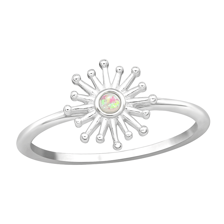 Anillo de Plata 925 Diseño Estrella Centelleante y Ópalo Blanco Sintético 1