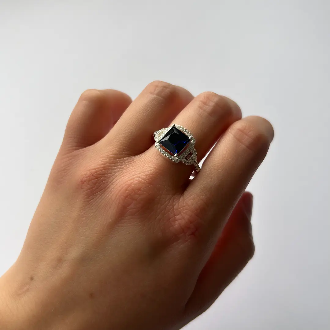 Anillo de Plata 925 - Cuadrado Azul  1