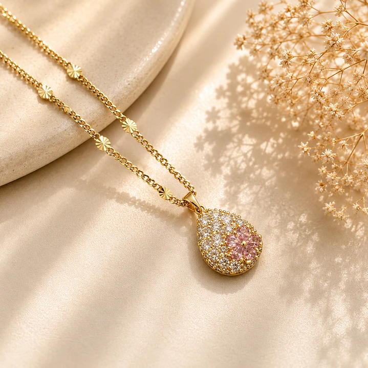 Collar Bañado en Oro Diseño Flor Rosa 1