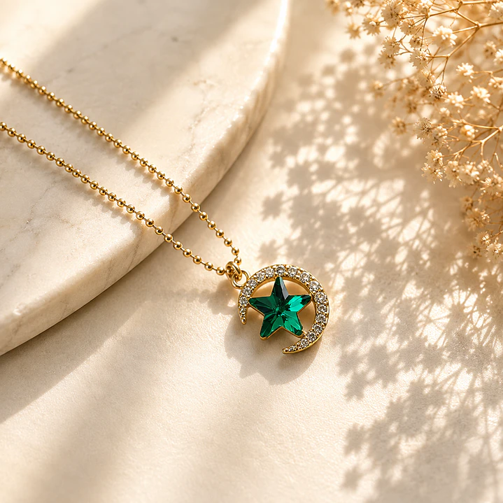 Collar Bañado en Oro Diseño Estrella Verde Esmeralda 1