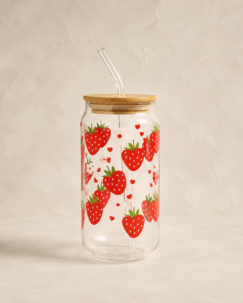 Vaso de vidrio Frutillas  con tapa tipo lata + bombilla de vidrio
