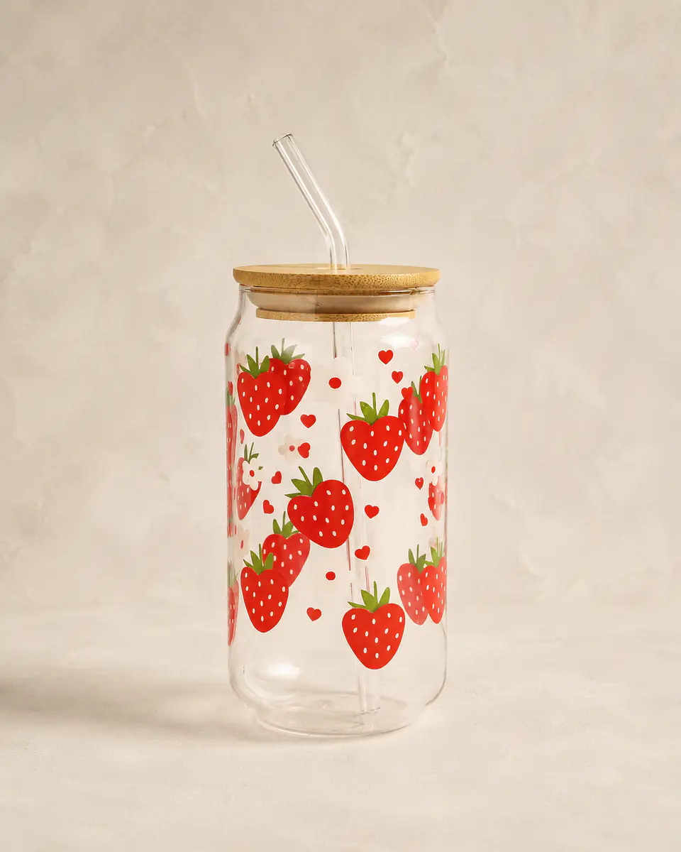 Vaso de vidrio Frutillas  con tapa tipo lata + bombilla de vidrio 1