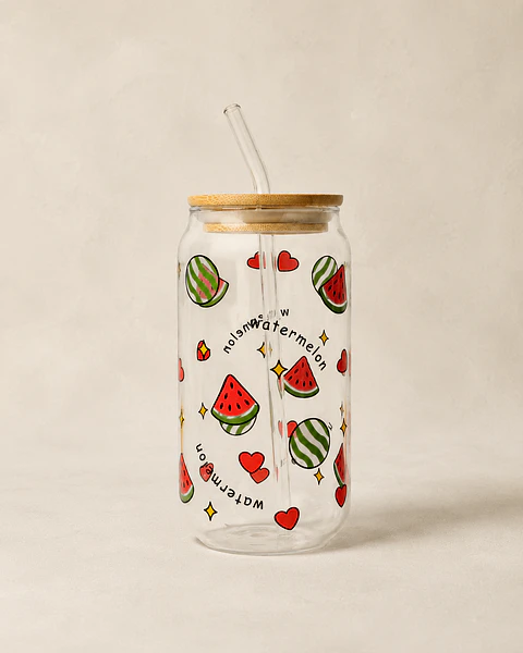 Vaso de vidrio Sandia con tapa tipo lata + bombilla de vidrio