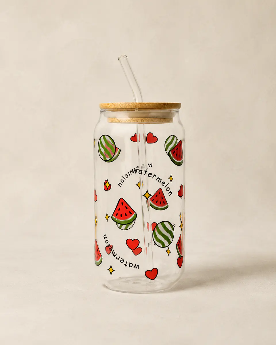 Vaso de vidrio Sandia con tapa tipo lata + bombilla de vidrio 1