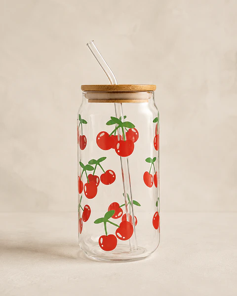 Vaso de vidrio Cherry con tapa tipo lata + bombilla de vidrio