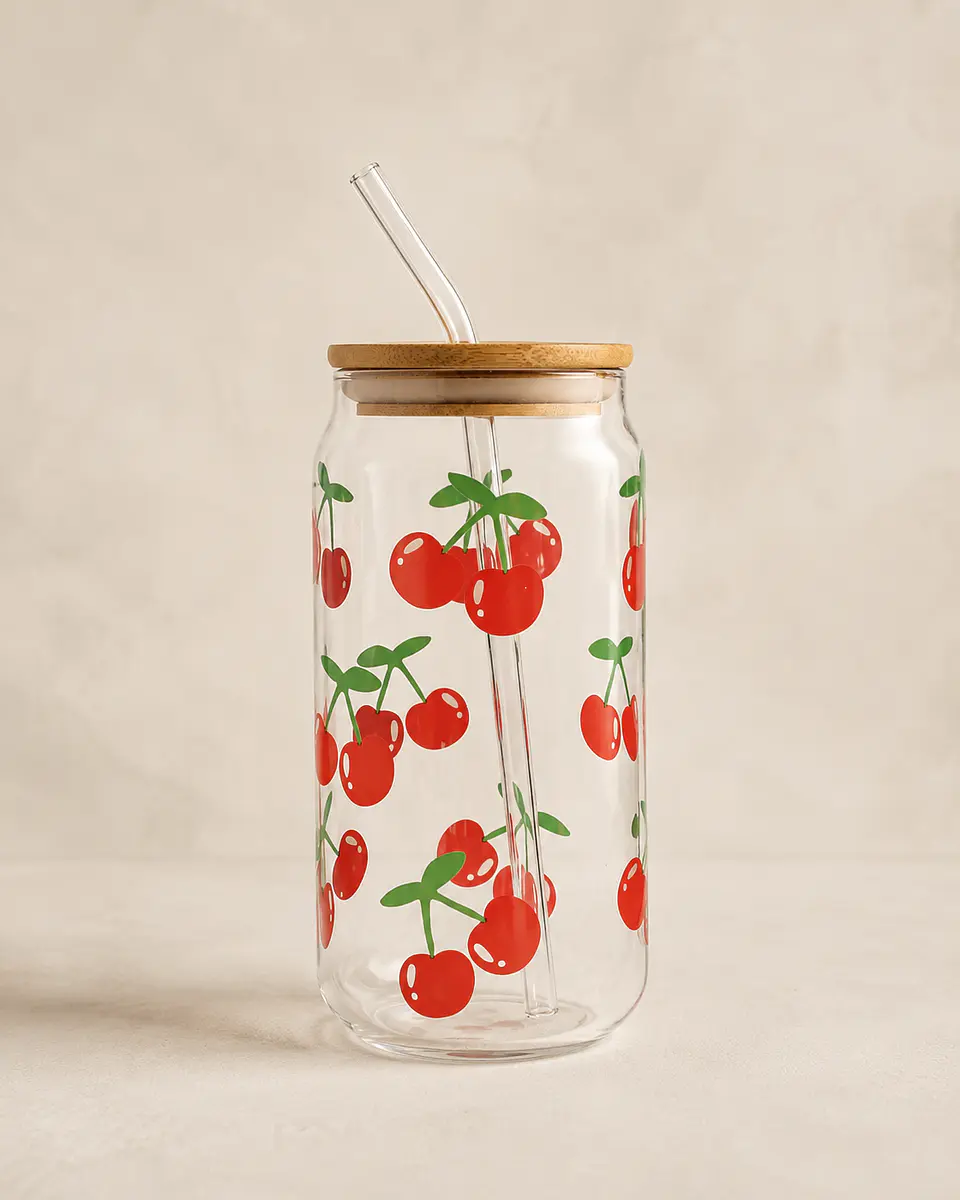 Vaso de vidrio Cherry con tapa tipo lata + bombilla de vidrio 1