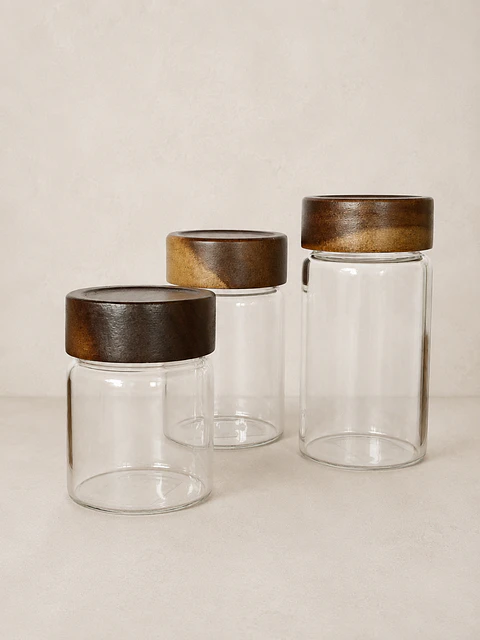 Set 3 Frascos de vidrio con tapa de madera rosca