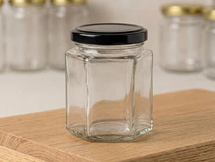 Frasco de vidrio hexagonal 180ml, caja de 30 unidades