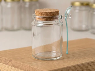 Frasco de vidrio c/corcho y cuchara 100ml , caja de 25 unidades