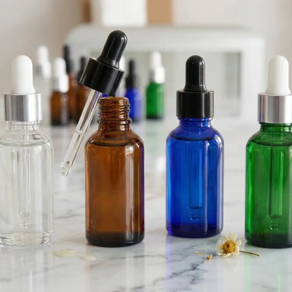 Frasco Gotero de vidrio 30ml, colores ámbar, verde , azul, transparente,  tapa metálica,  caja 30 unidades 1