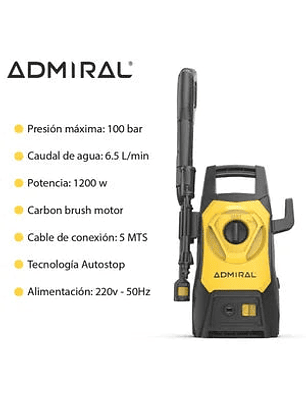 Hidrolavadora Admiral 1200w 100 Bar con Autostop + Accesorios Alta Presión