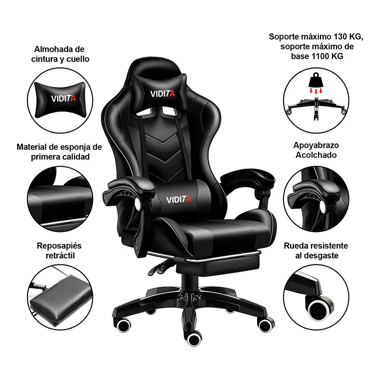 Silla Gamer Vidita Gx2000 Ergonómica Presidencial Reclinable Con Reposapiés Videojuego Pc Profesional 3