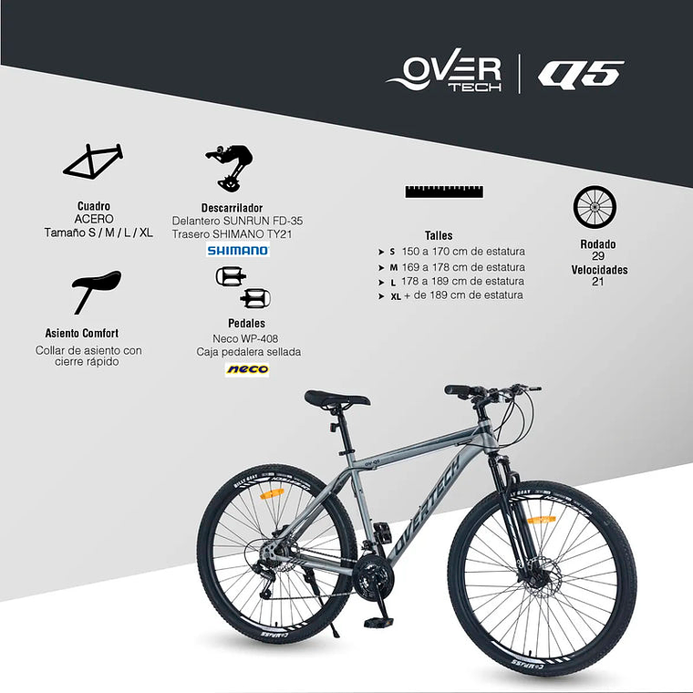 Bicicleta de Montaña Overtech R29 Q5 21v Freno de disco Shimano 12x 7