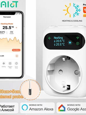 Termostato digital Wi-Fi Tuya com tomada de 16A, controlo remoto de temperatura, temporizador, para aquecimento e arrefecimento, com sensor NTC de 3 metros.