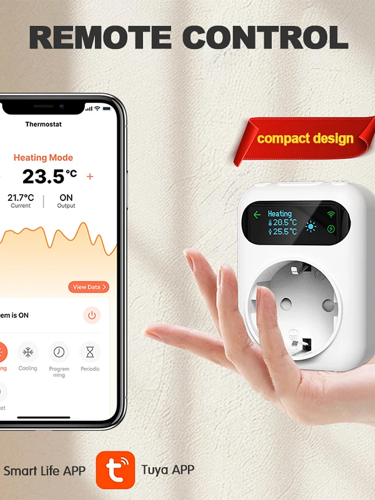 Termostato digital Wi-Fi Tuya com tomada de 16A, controlo remoto de temperatura, temporizador, para aquecimento e arrefecimento, com sensor NTC de 3 metros. 5