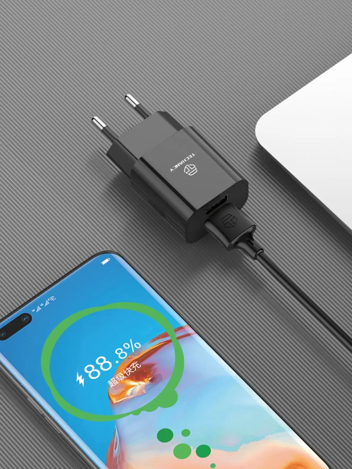 Techancy Carregador De Parede 2usb Preto TA2791,5V-2.4A Carregamento,Conjunto De Cabos Usb-Tipo-C 1m,Suporta Telemóveis Usb-C 1