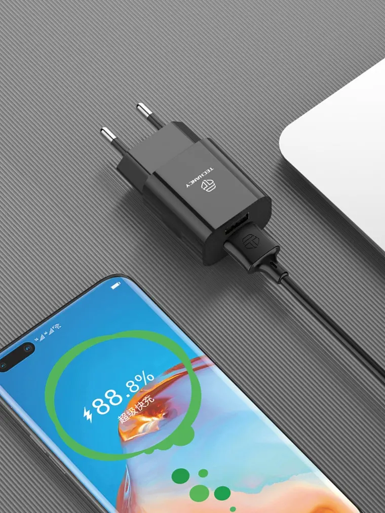 Techancy Carregador De Parede 2usb Preto TA2791,5V-2.4A Carregamento,Conjunto De Cabos Usb-Tipo-C 1m,Suporta Telemóveis Usb-C 1