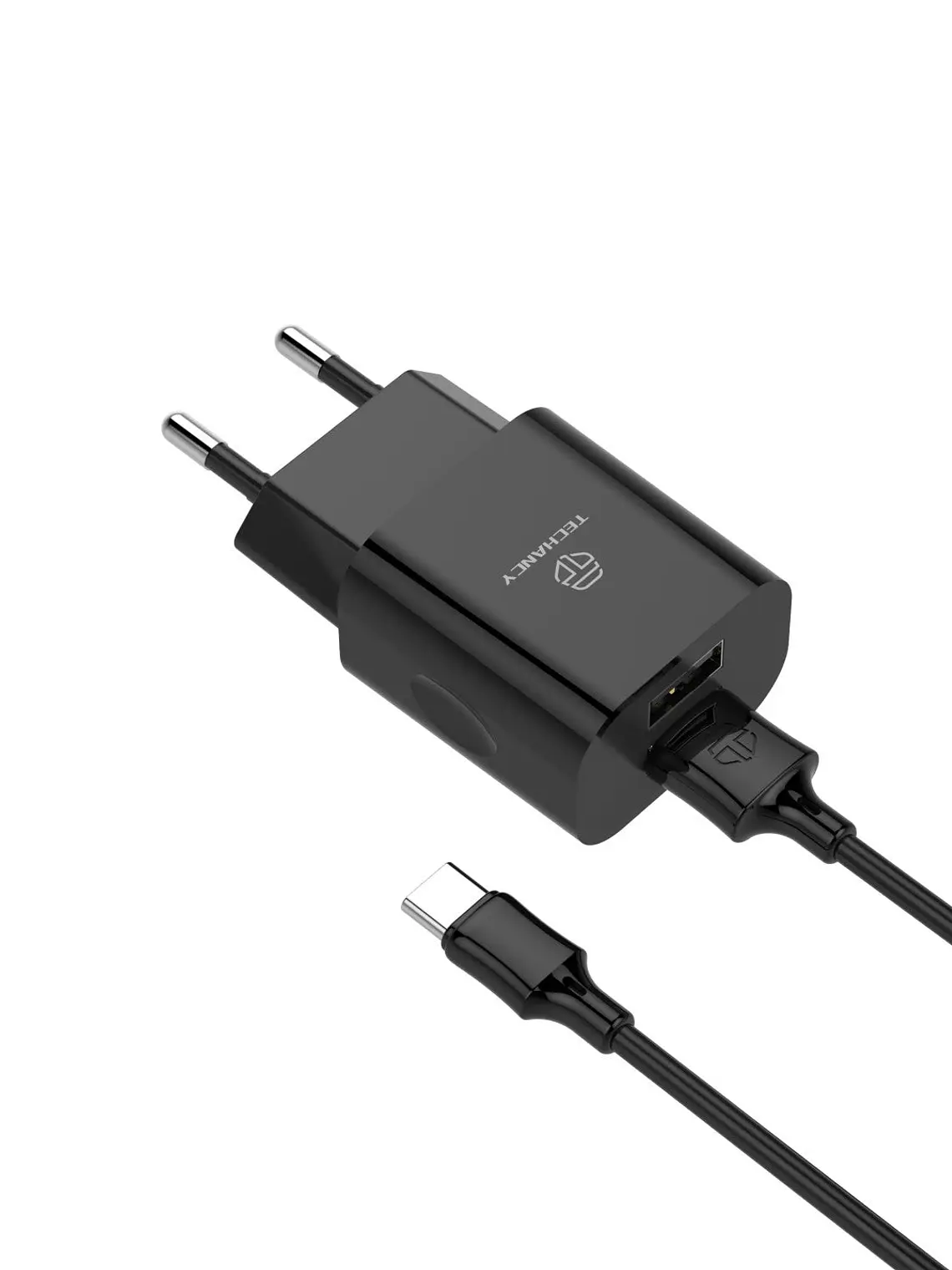 Techancy Carregador De Parede 2usb Preto TA2791,5V-2.4A Carregamento,Conjunto De Cabos Usb-Tipo-C 1m,Suporta Telemóveis Usb-C 2