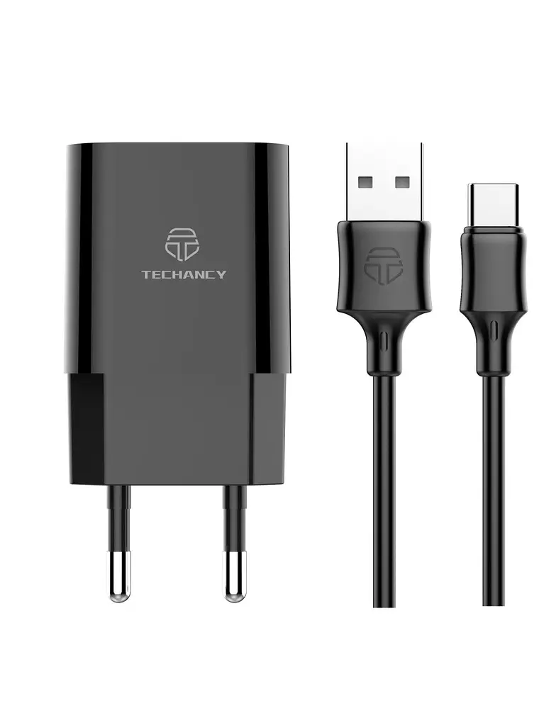 Techancy Carregador De Parede 2usb Preto TA2791,5V-2.4A Carregamento,Conjunto De Cabos Usb-Tipo-C 1m,Suporta Telemóveis Usb-C 3