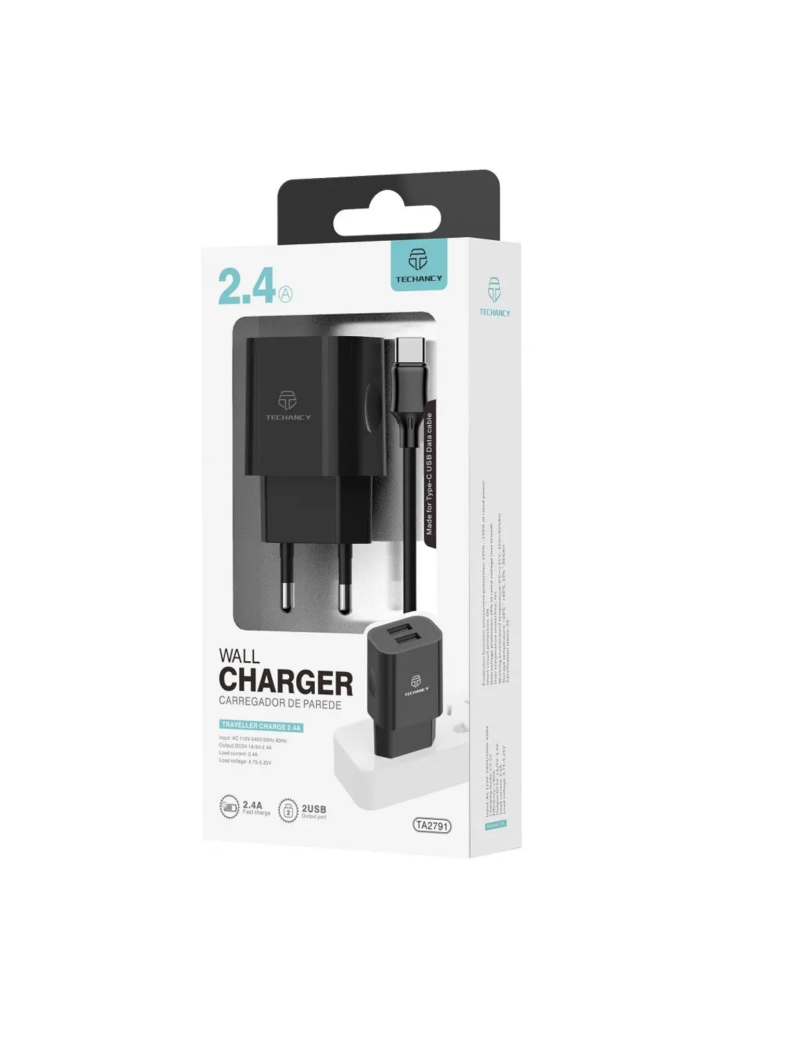 Techancy Carregador De Parede 2usb Preto TA2791,5V-2.4A Carregamento,Conjunto De Cabos Usb-Tipo-C 1m,Suporta Telemóveis Usb-C 5