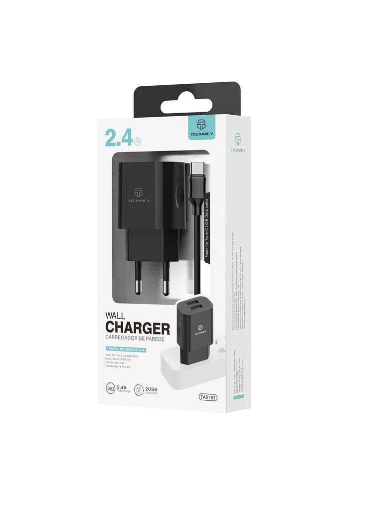 Techancy Carregador De Parede 2usb Preto TA2791,5V-2.4A Carregamento,Conjunto De Cabos Usb-Tipo-C 1m,Suporta Telemóveis Usb-C 5