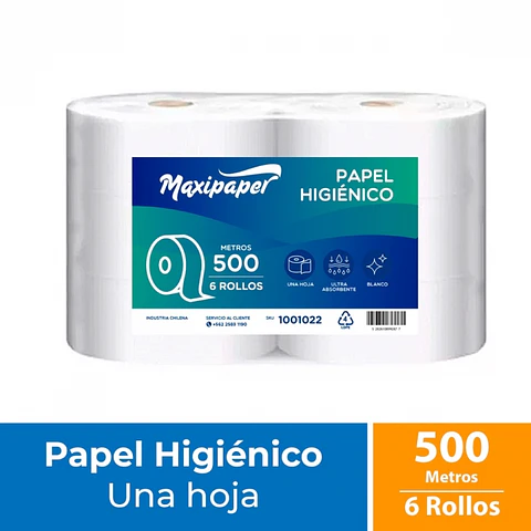 Papel Higiénico Alto Metraje H/S Maxipaper Blanco 500 MT x 6 Rollos