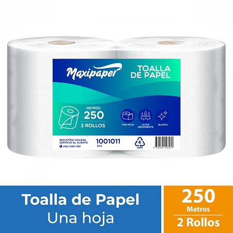 Toalla de papel alto metraje h/s blanca 250 MT x 2 ROLLOS -MAXIPAPER