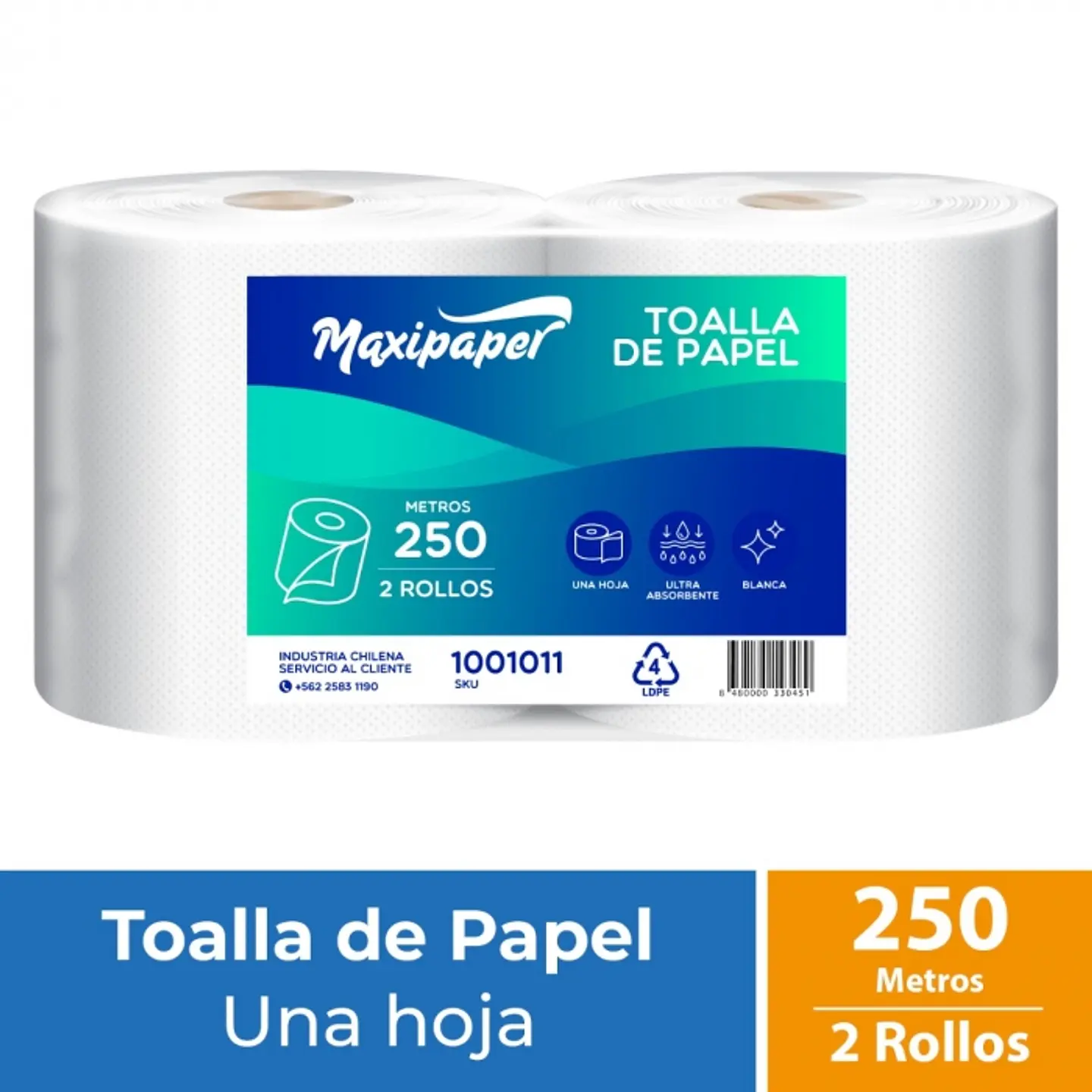 Toalla de papel alto metraje h/s blanca 250 MT x 2 ROLLOS -MAXIPAPER 1