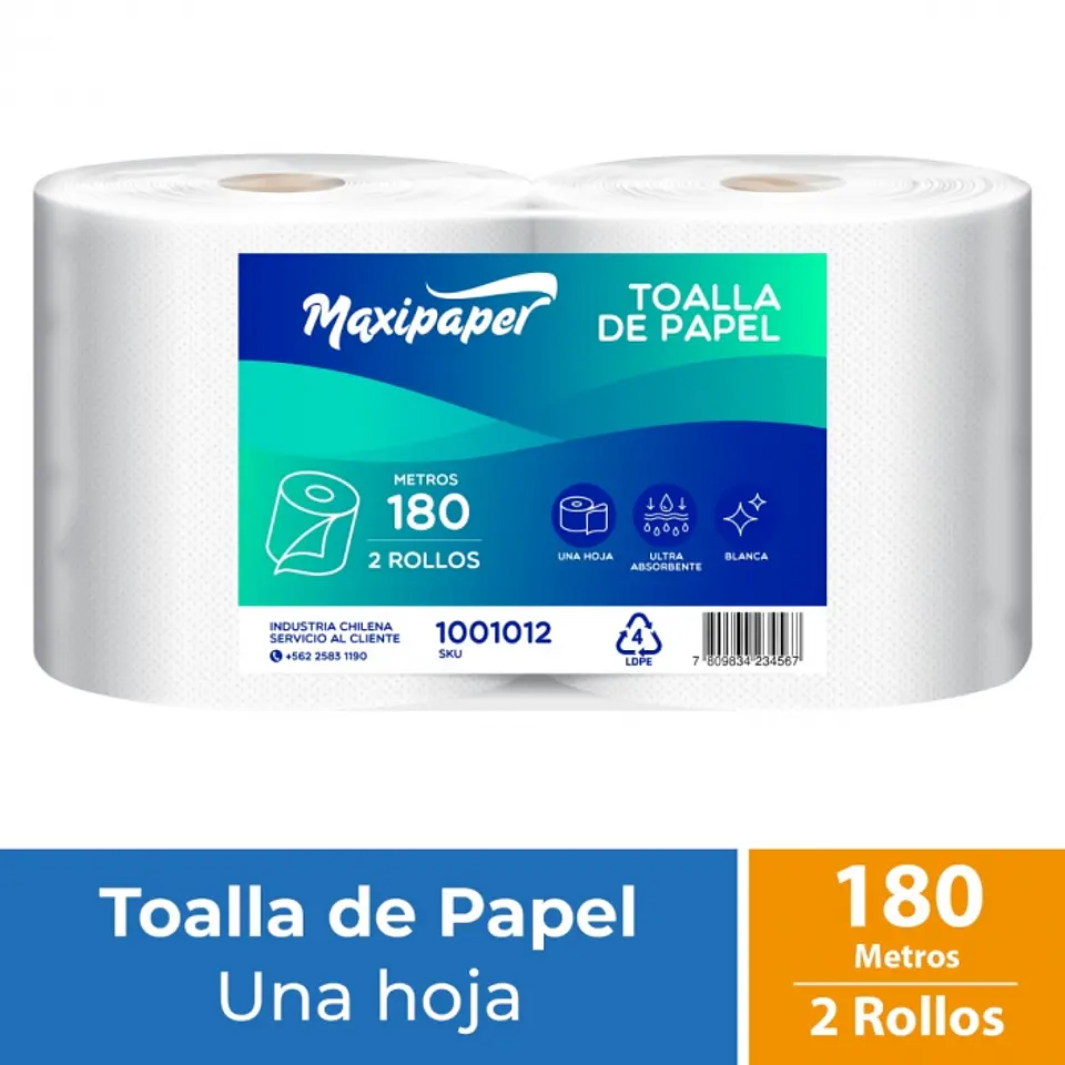 Toalla de papel alto metraje h/s blanca 180 MT x 2 ROLLOS -MAXIPAPER 1