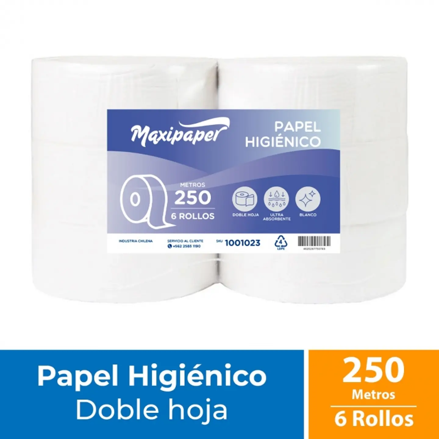 Papel Higiénico Alto Metraje H/D Maxipaper Blanco 250 MT x 6 Rollos 1