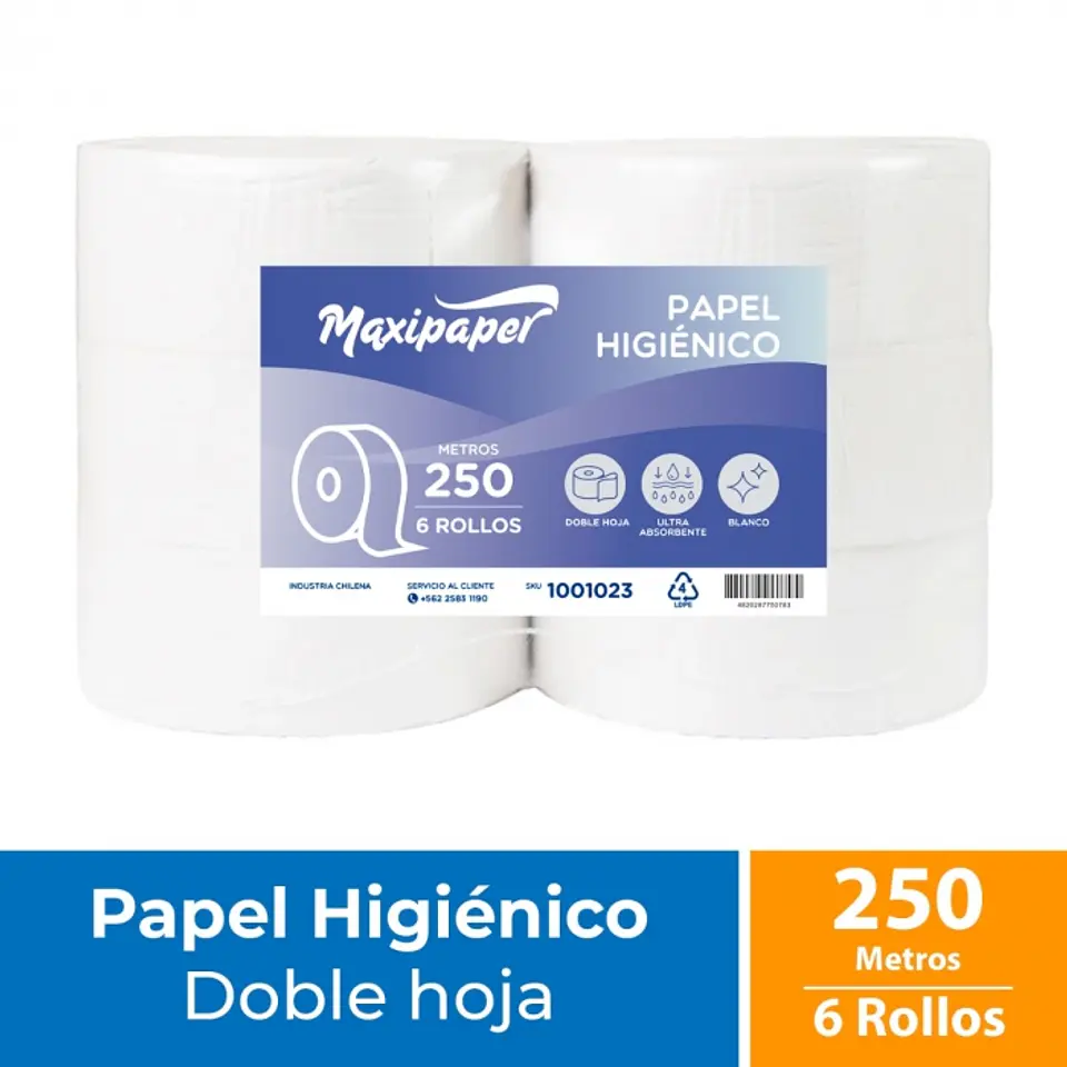 Papel Higiénico Alto Metraje H/D Maxipaper Blanco 250 MT x 6 Rollos 1
