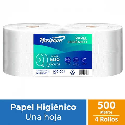Papel higiénico alto metraje h/s blanco 500 MT x 4 ROLLOS -MAXIPAPER