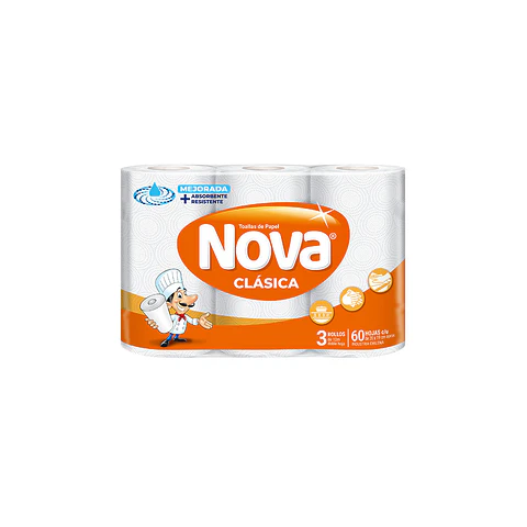 Toalla de papel bajo metraje h/d blanca clásica 12 MT x 3 ROLLOS -NOVA