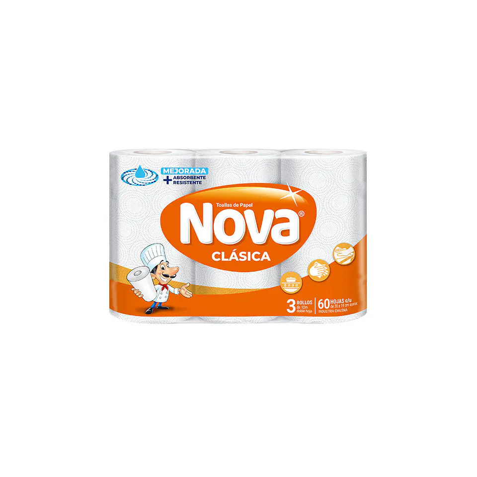 Toalla de papel bajo metraje h/d blanca clásica 12 MT x 3 ROLLOS -NOVA 1