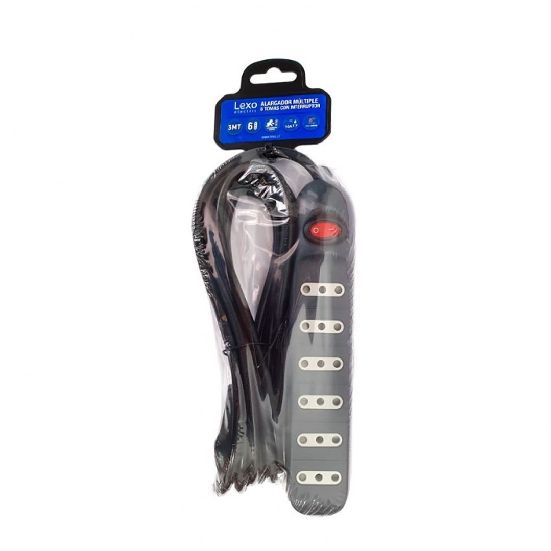 Alargador múltiple de 6 tomas color negro con interruptor 3 MT -LEXO 1