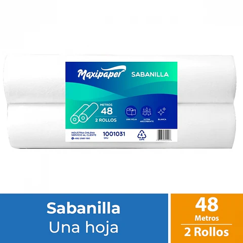 Sabanilla clínica h/s blanca 48 MT x 2 ROLLOS -MAXIPAPER