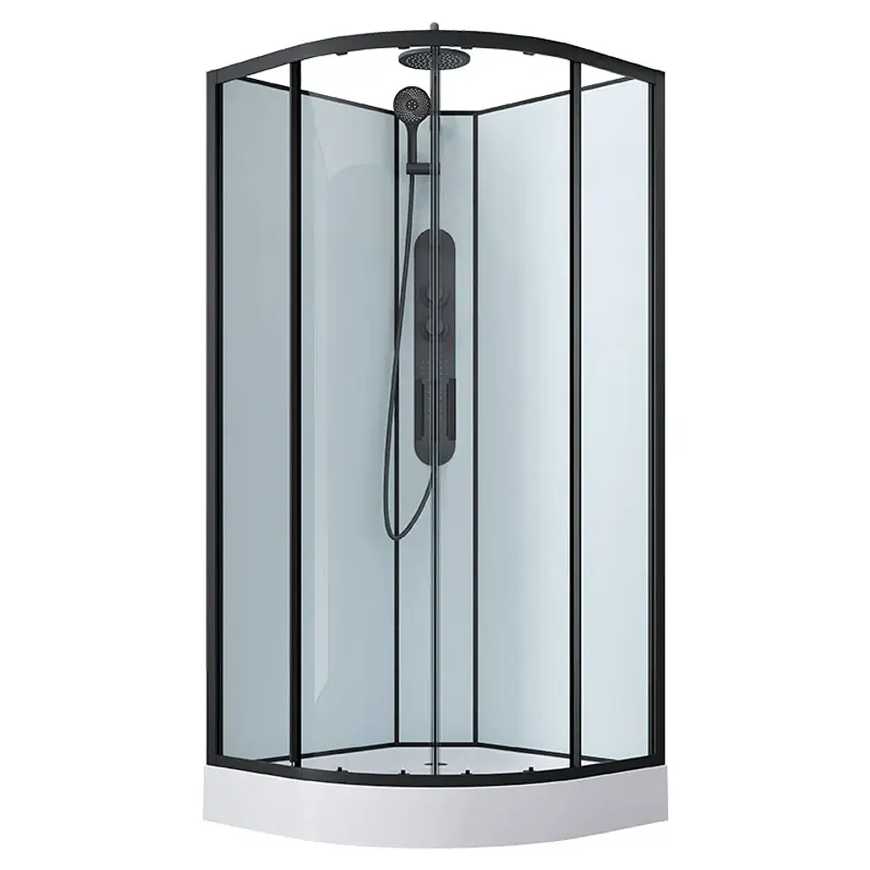 SHOWER CURVO 90X90 CON HIDROMASAJE Y PANEL NEGRO 1